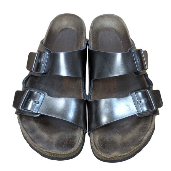 Birkenstock Arizona Sandals Women's 10 EU 41 Leather Metallic Gunmetal Slides - Picture 1 of 8